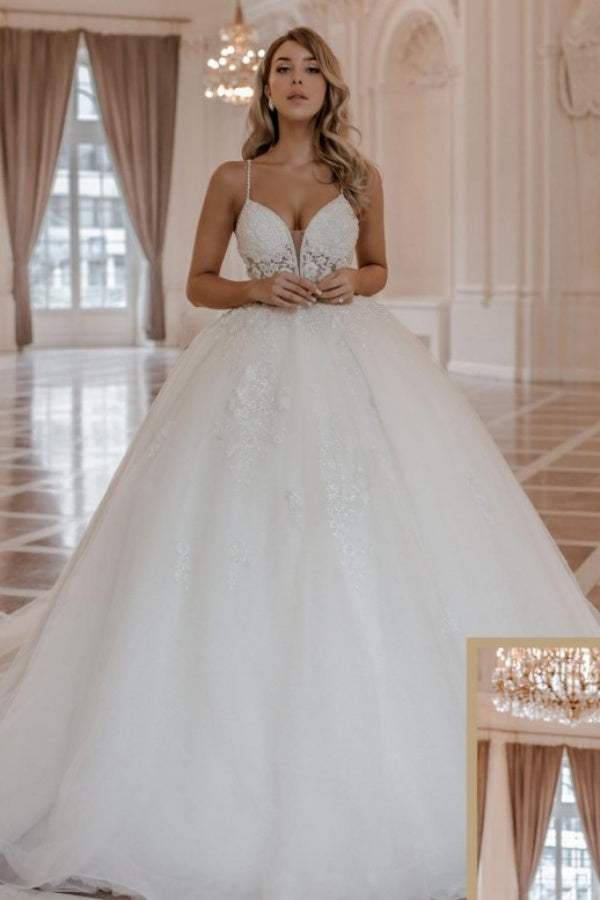 Beautiful Long Ball Gown Sweetheart Tulle Backless Lace Wedding Dresses