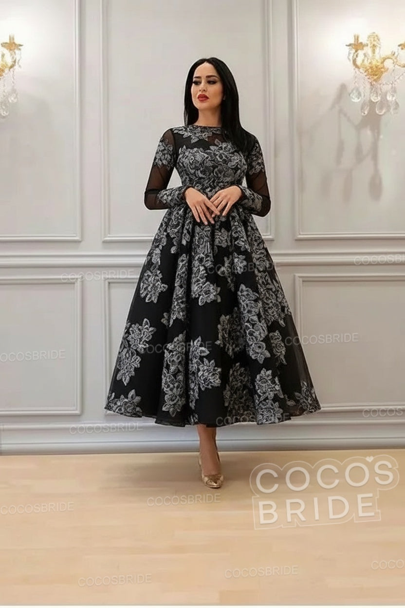 Elegant A-line High Neck Lace Formal Evening Dress with Sleeves