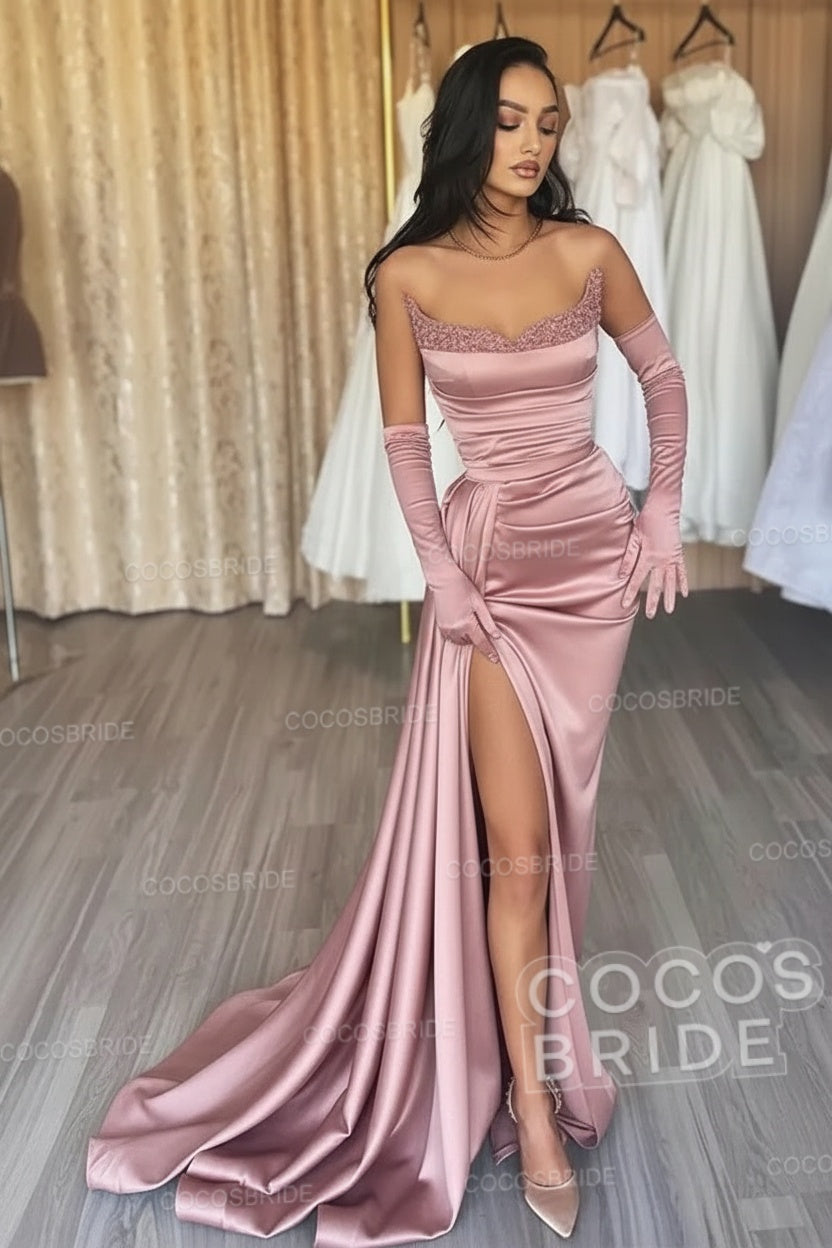 Black Long Mermaid Satin Sweetheart High Split Prom Dresses
