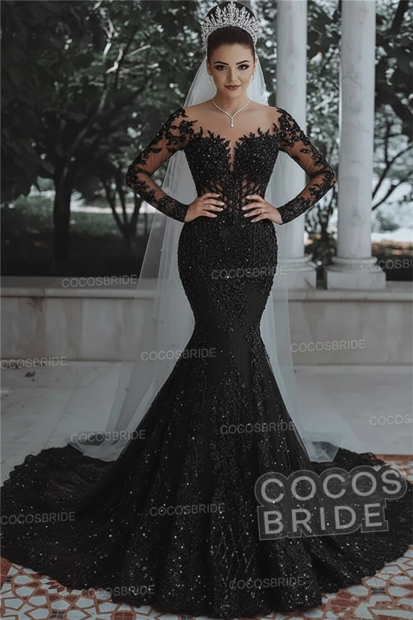 Luxury Long Beaded Lace Mermaid Sheer Tulle Wedding Dresses with Sleeves