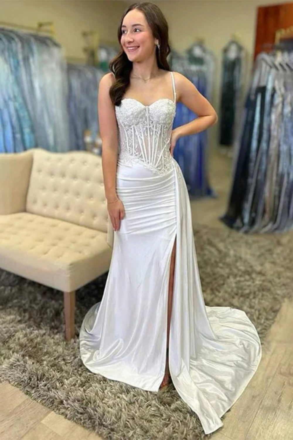 Black Spaghetti Straps Sleeveless Mermaid Evening Dress with Split