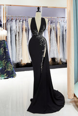 Black V-Neck Mermaid Long Satin Prom Dress with High Slit