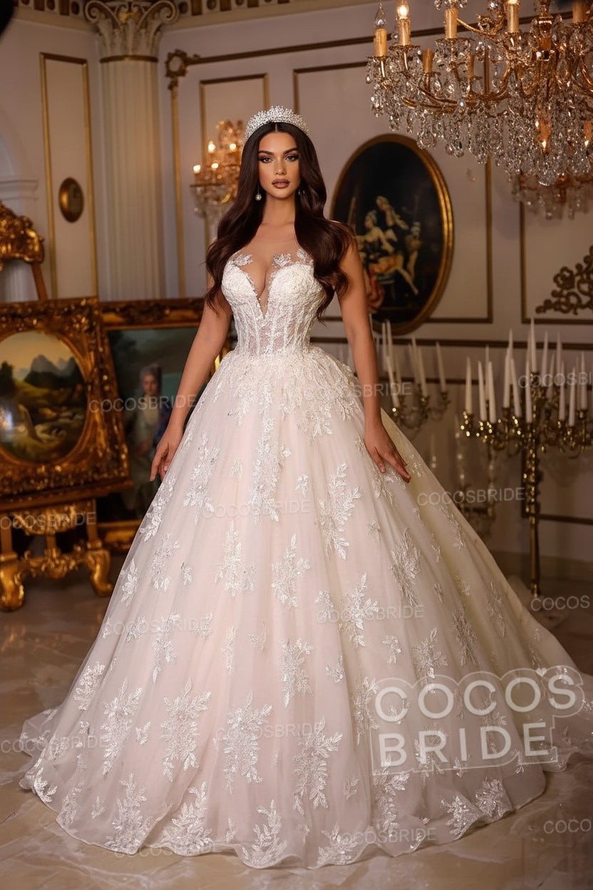 Long A-line Sweetheart Tulle Lace Open Back Wedding Dresses