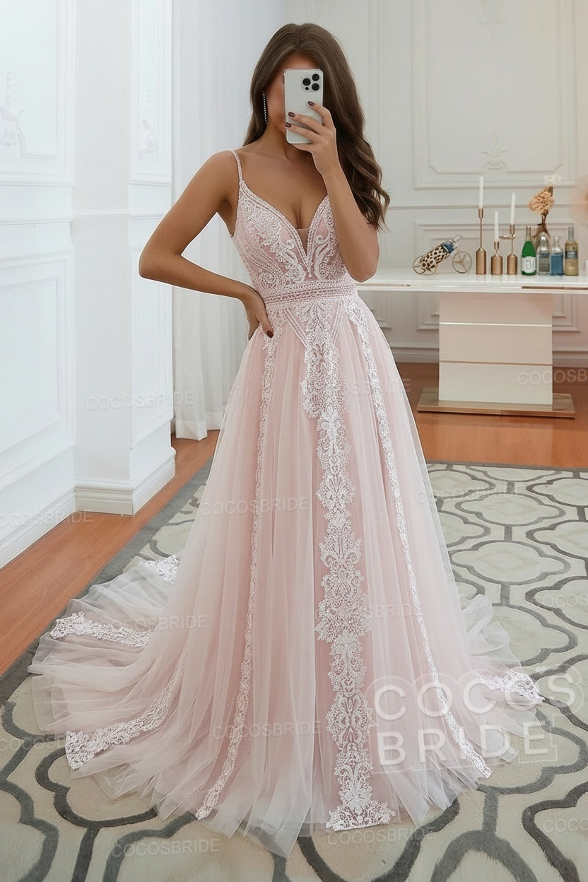 Long A-line Ruffles Open Back Tulle Lace Wedding Dress