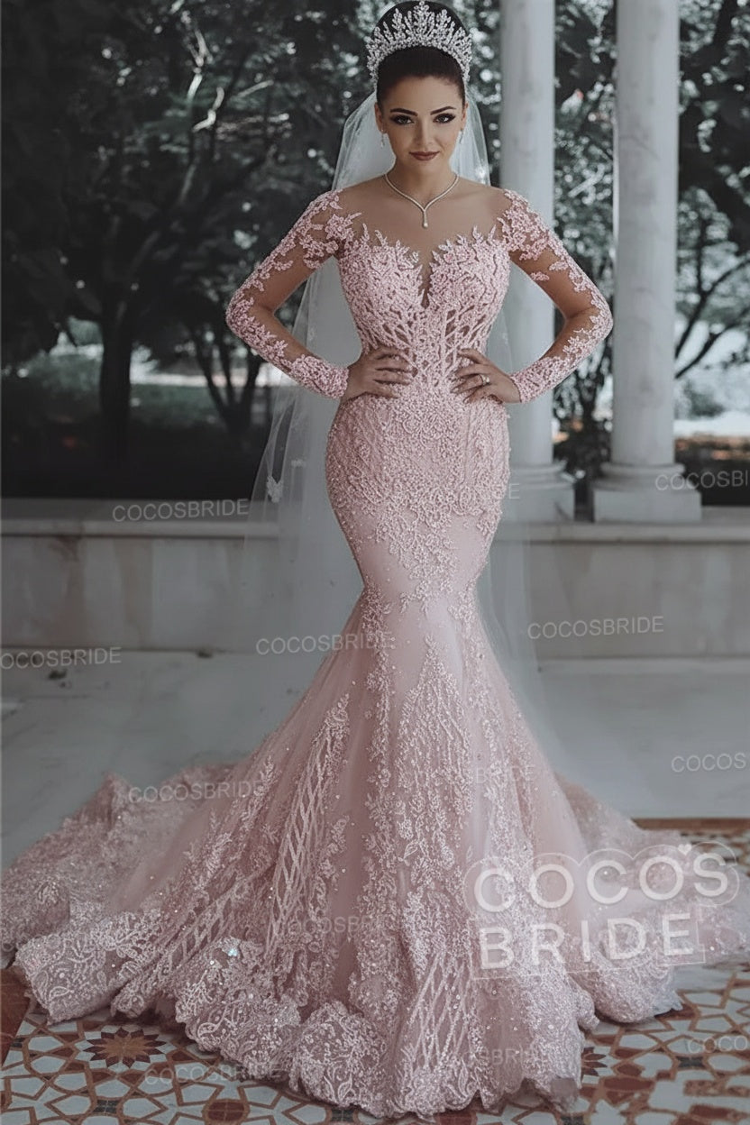 Luxury Long Beaded Lace Mermaid Sheer Tulle Wedding Dresses with Sleeves