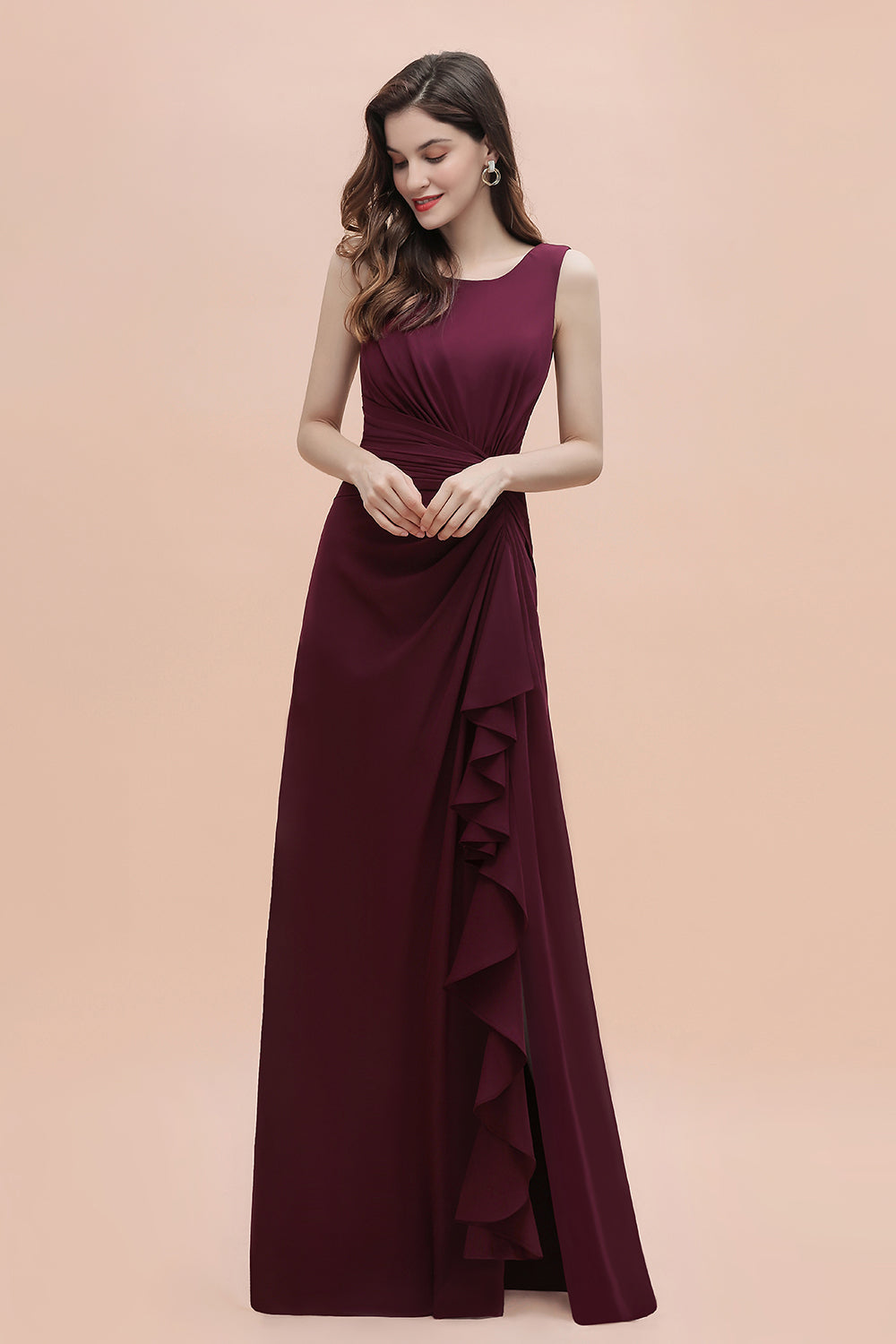 Long A-Line Backless Ruched Chiffon Burgundy Wedding Guest Dresses With Split