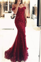 Burgundy Long Mermaid Off the Shoulder Tulle Beaded Lace Prom Dresses