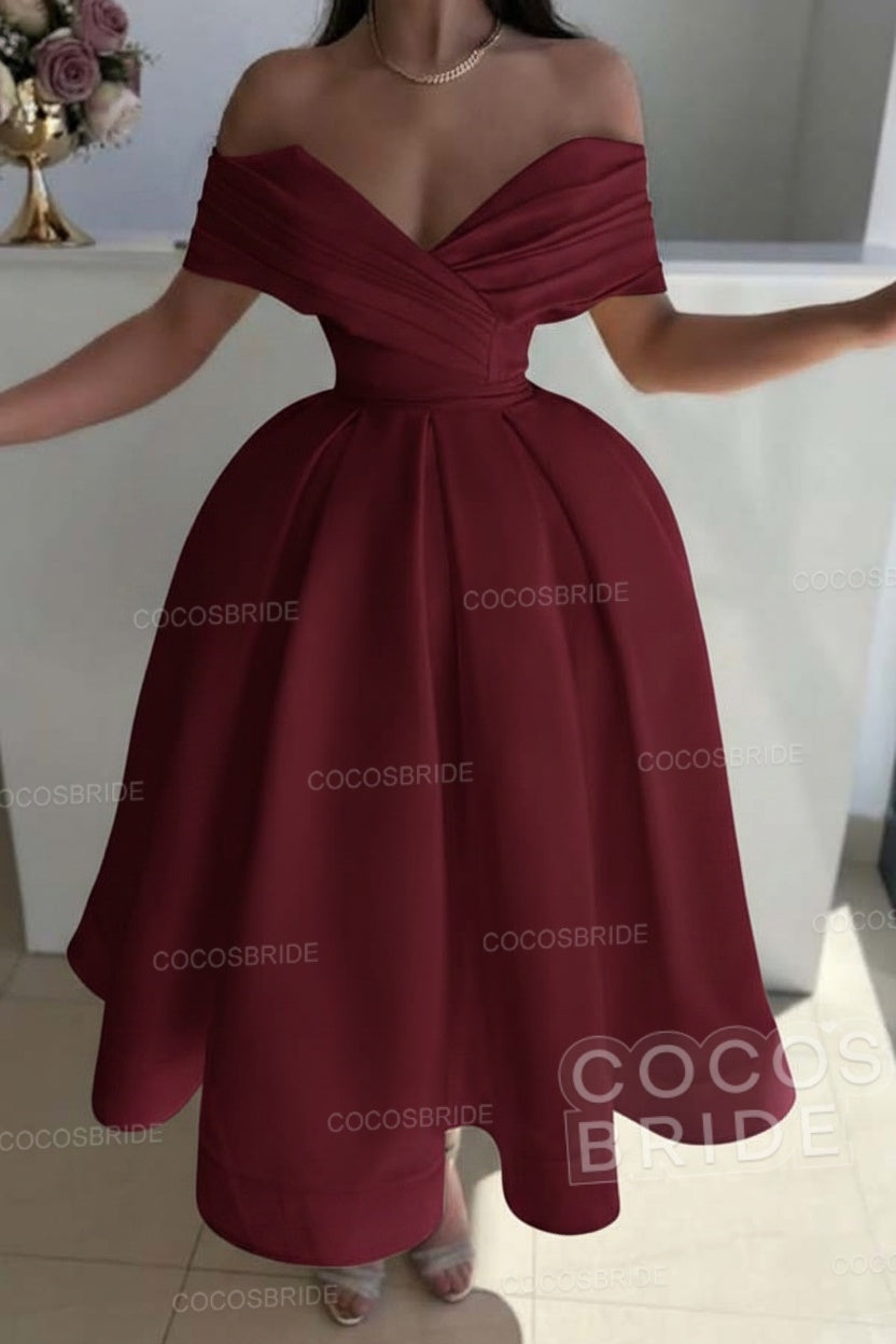 Off the Shoulder A-Line Satin Prom Dress with Pleated