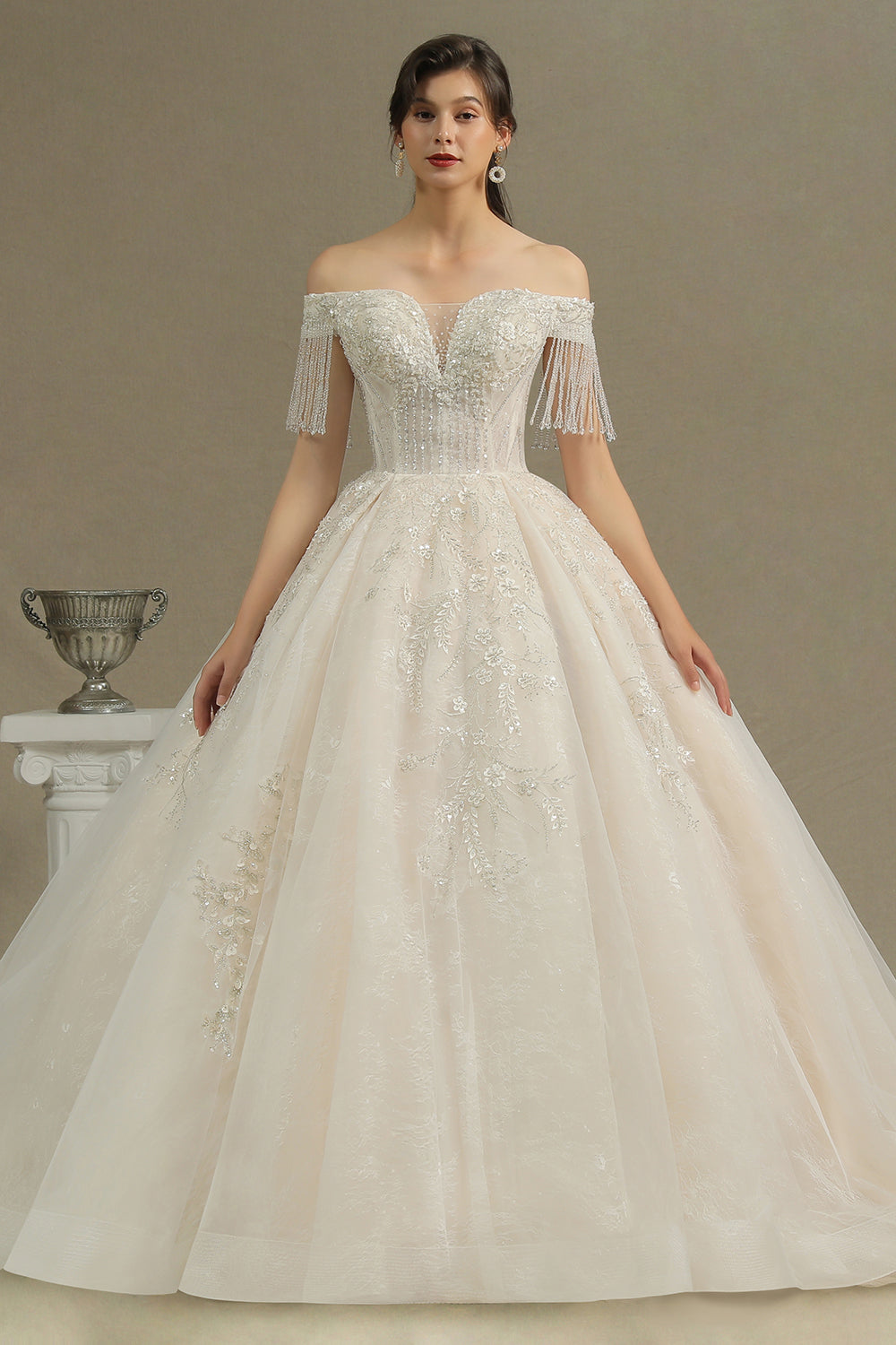 Elegant Long Appliques Beads Off the Shoulder Tassel Ball Gown Wedding Dress
