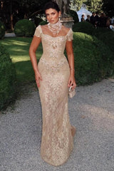 Cap Sleeves Long Lace Sheath Evening Dress with Rhinestones
