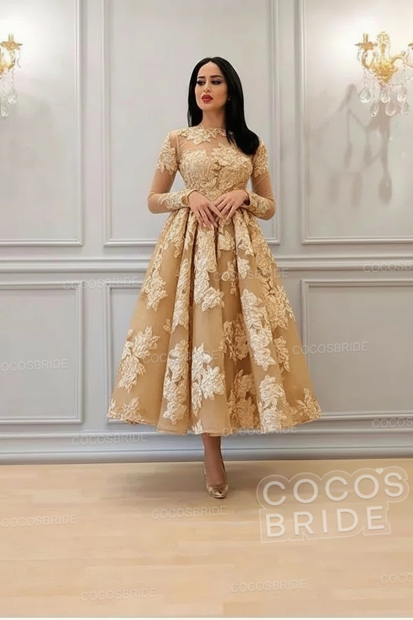 Elegant A-line High Neck Lace Formal Evening Dress with Sleeves