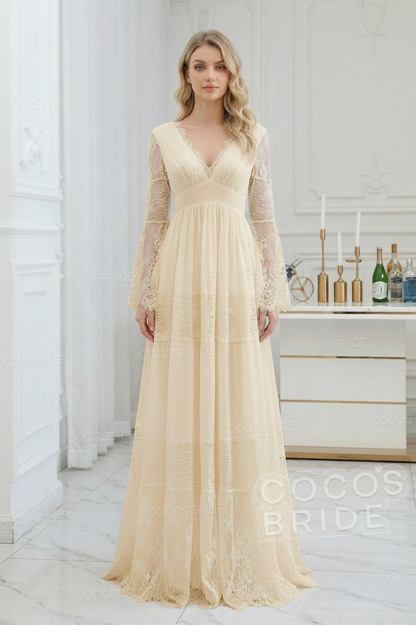 Elegant Long Sleeves A-line V-Neck Tulle Wedding Dresses