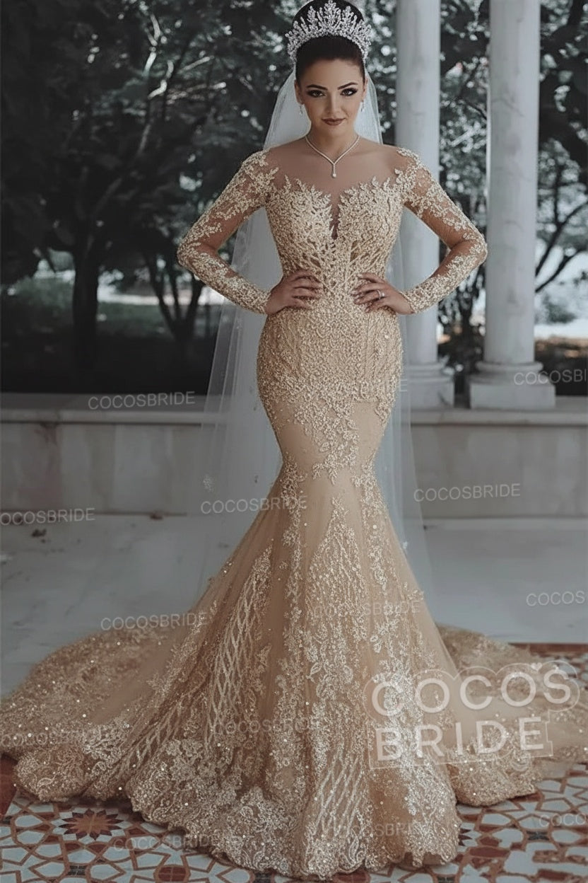 Luxury Long Beaded Lace Mermaid Sheer Tulle Wedding Dresses with Sleeves