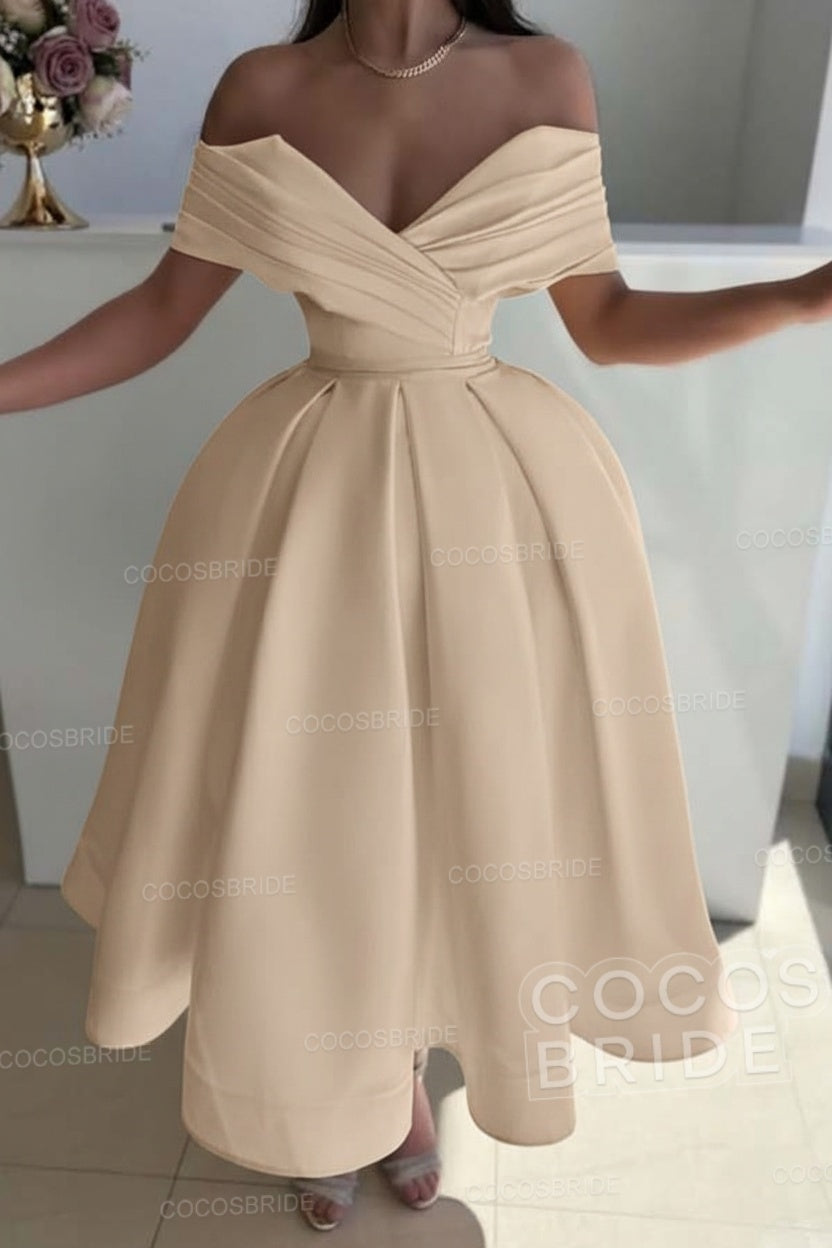 Off the Shoulder A-Line Satin Prom Dress with Pleated