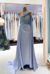 Charming Long Mermaid One Shoulder Satin Lace Prom Dress with Ruffles