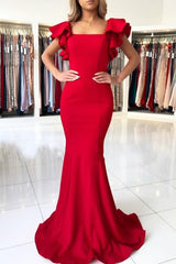 Charming Red Long Square Neckline Ruffles Mermaid Prom Dresses