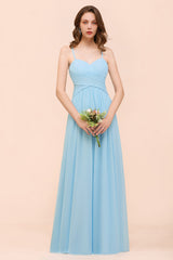 Chic Long Sweetheart Spaghetti Straps Sky Blue Chiffon Bridesmaid Dress with Ruffle