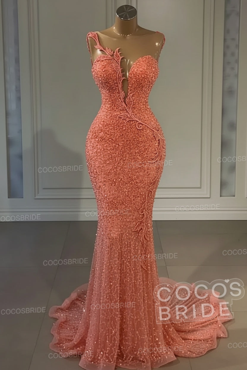 Long Mermaid Sweetheart Tulle Sequin Formal Prom Dress