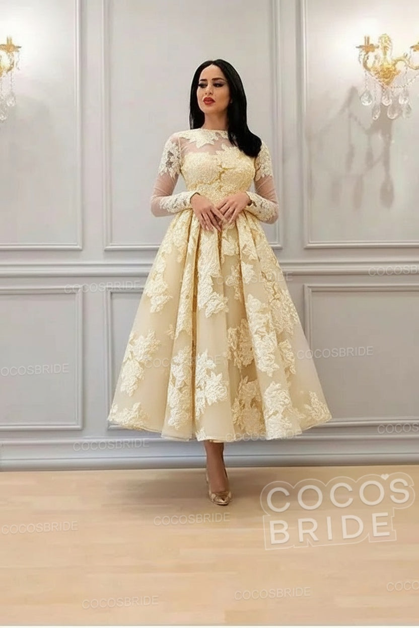 Elegant A-line High Neck Lace Formal Evening Dress with Sleeves