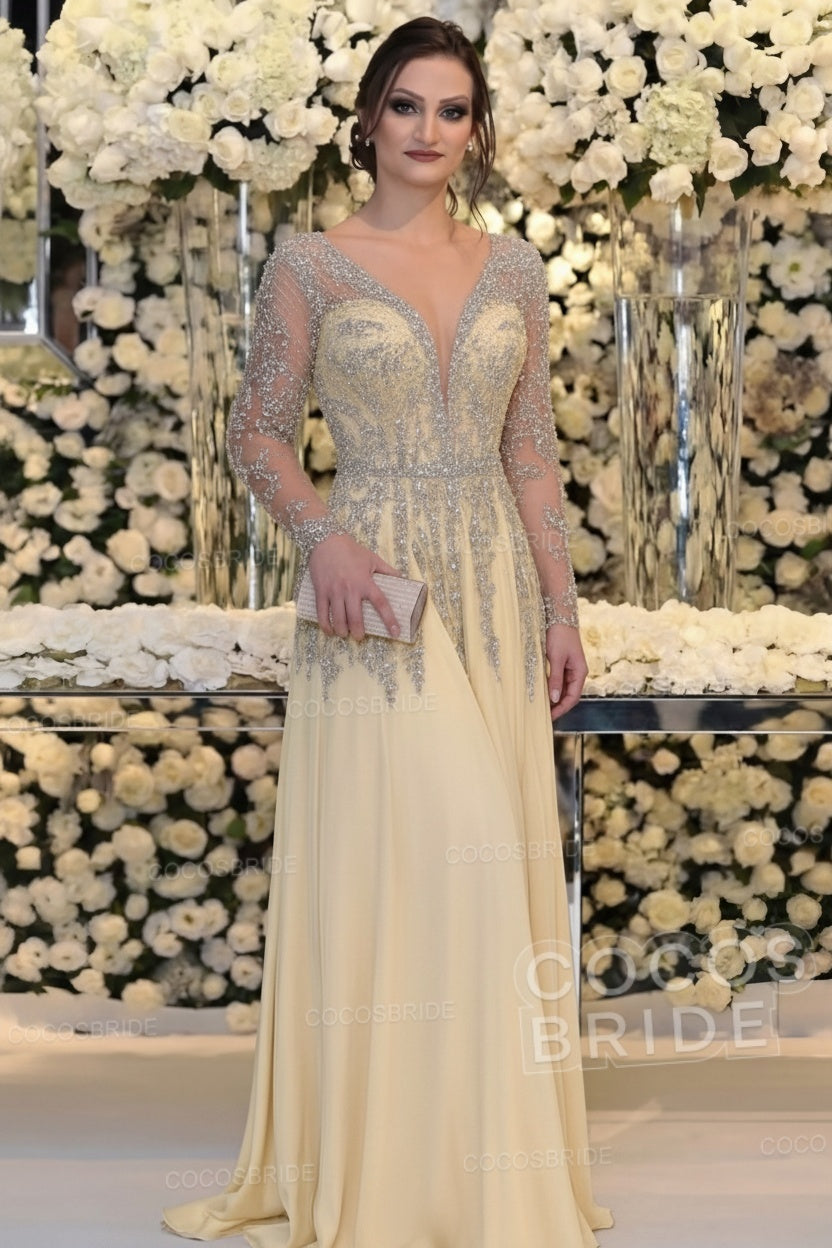 Long Sleeve Floor Length A-line Mother Of Bride Dress With Beading