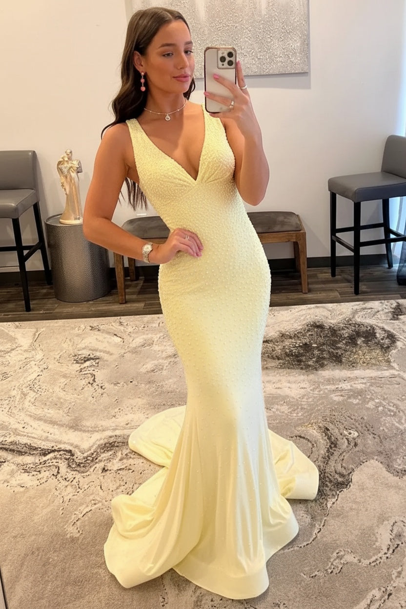 Orange Long Mermaid V neck Sequin Backless Prom Dress
