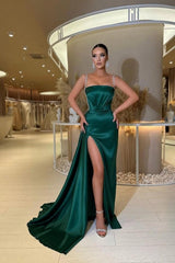 Dark Green Spaghetti Straps Long Satin Prom Dress with Split