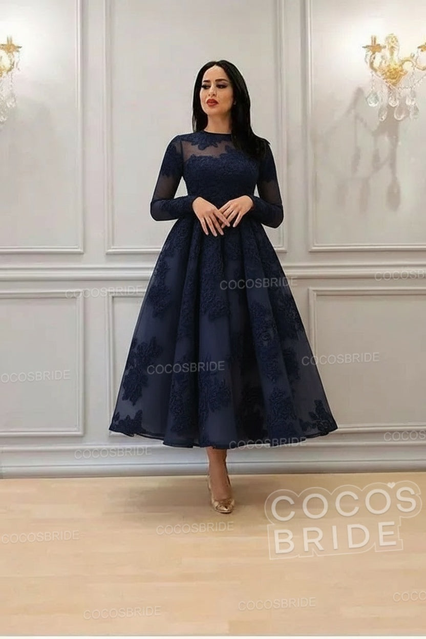 Elegant A-line High Neck Lace Formal Evening Dress with Sleeves