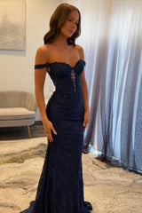 Dark Navy Long Mermaid Off the Shoulder Lace Prom Dress