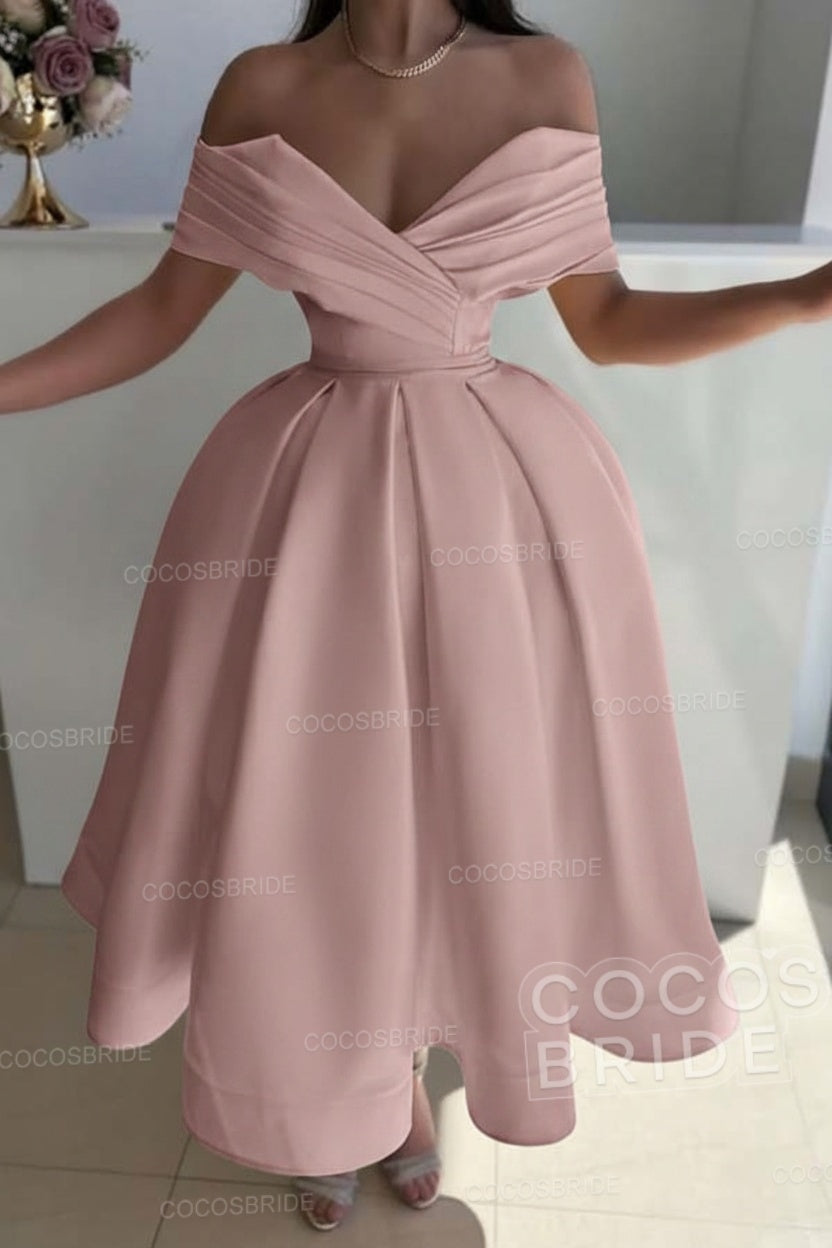 Off the Shoulder A-Line Satin Prom Dress with Pleated