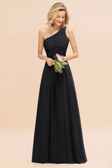Elegant A-line Chiffon Ruffles One Shoulder Long Bridesmaid Dress