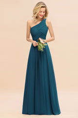 Elegant Ink Blue A-line Chiffon Ruffles One Shoulder Long Bridesmaid Dress