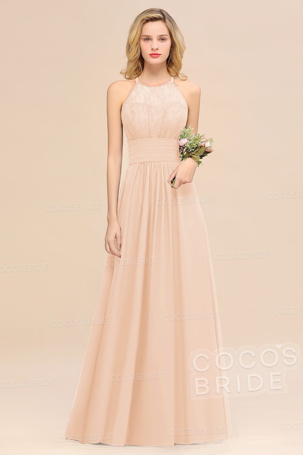 Elegant Long A-line Chiffon Halter Ruffles Sleeveless Lace Bridesmaid Dress