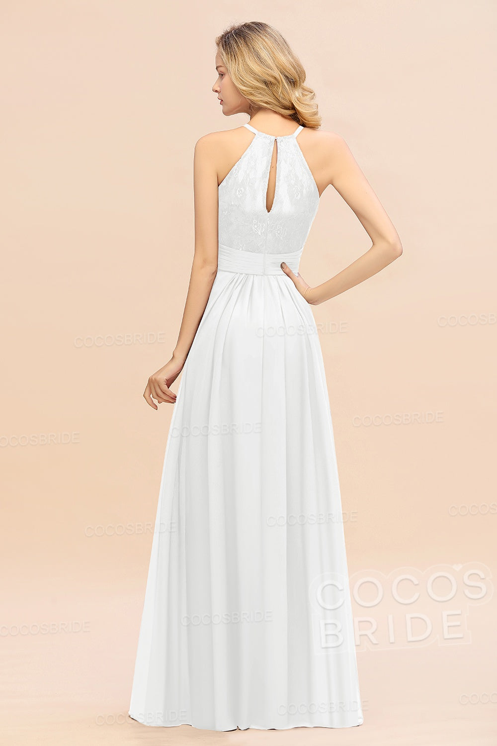 Elegant Long A-line Chiffon Halter Ruffles Sleeveless Lace Bridesmaid Dress
