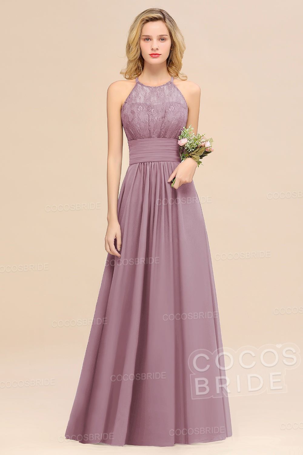 Elegant Long A-line Chiffon Halter Ruffles Sleeveless Lace Bridesmaid Dress