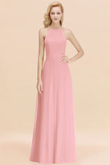 Elegant Long A-line Halter Chiffon Candy Pink Bridesmaid Dress