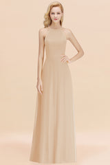 Elegant Long A-line Halter Chiffon Champagne Bridesmaid Dress