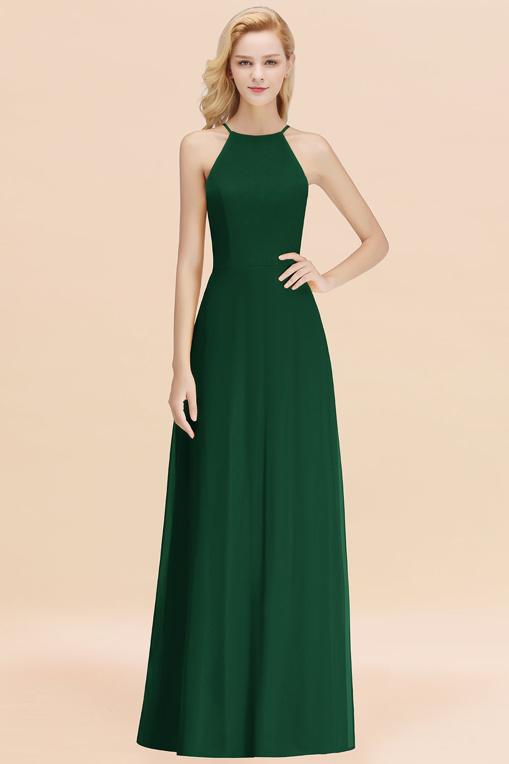 Elegant Long A-line Halter Chiffon Dark Green Bridesmaid Dress