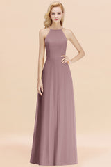 Elegant Long A-line Halter Chiffon Dusk Bridesmaid Dress