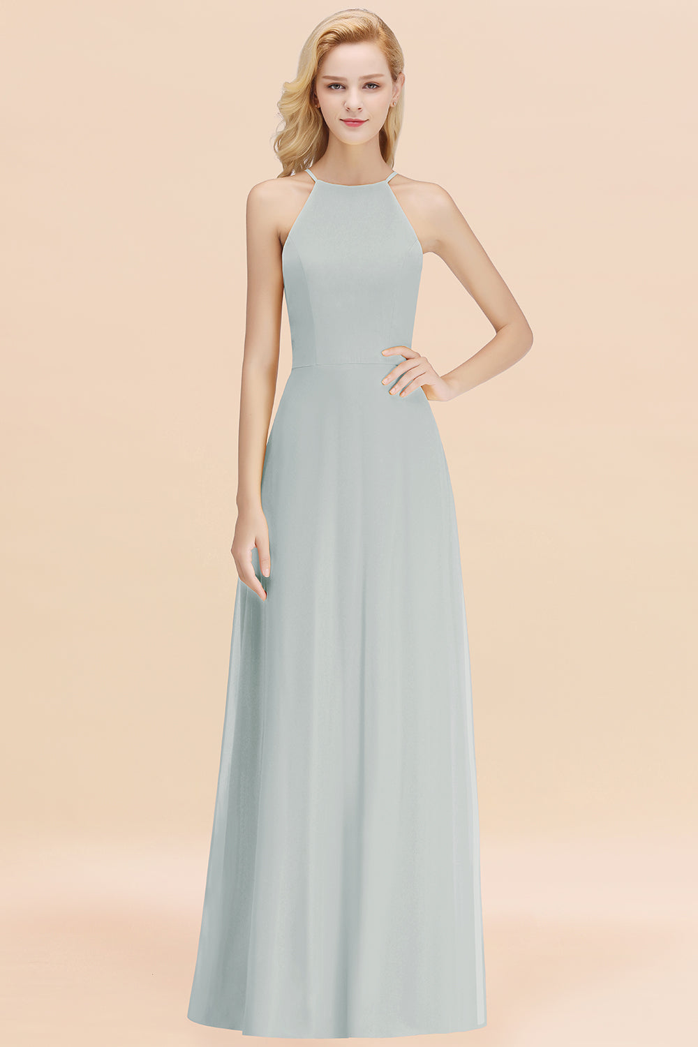 Elegant Long A-line Halter Chiffon Mist Bridesmaid Dress