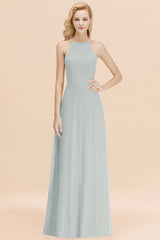 Elegant Long A-line Halter Chiffon Mist Bridesmaid Dress