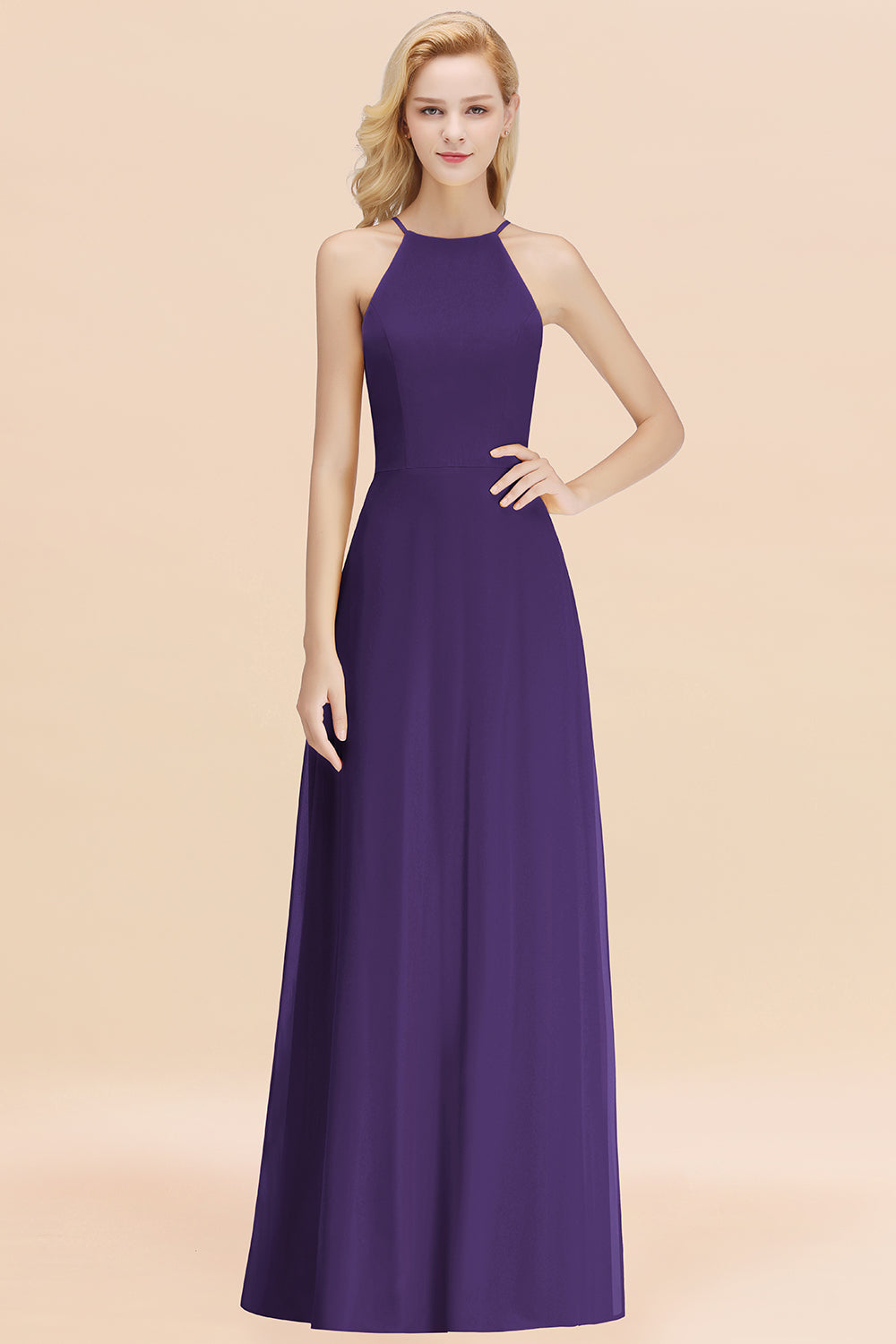 Elegant Long A-line Halter Chiffon Regency Bridesmaid Dress