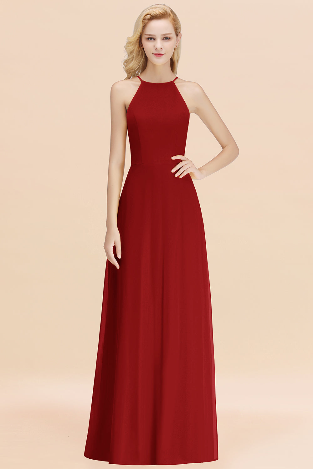 Elegant Long A-line Halter Chiffon Rust Bridesmaid Dress