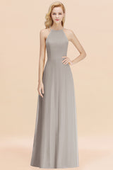 Elegant Long A-line Halter Chiffon Silver Bridesmaid Dress