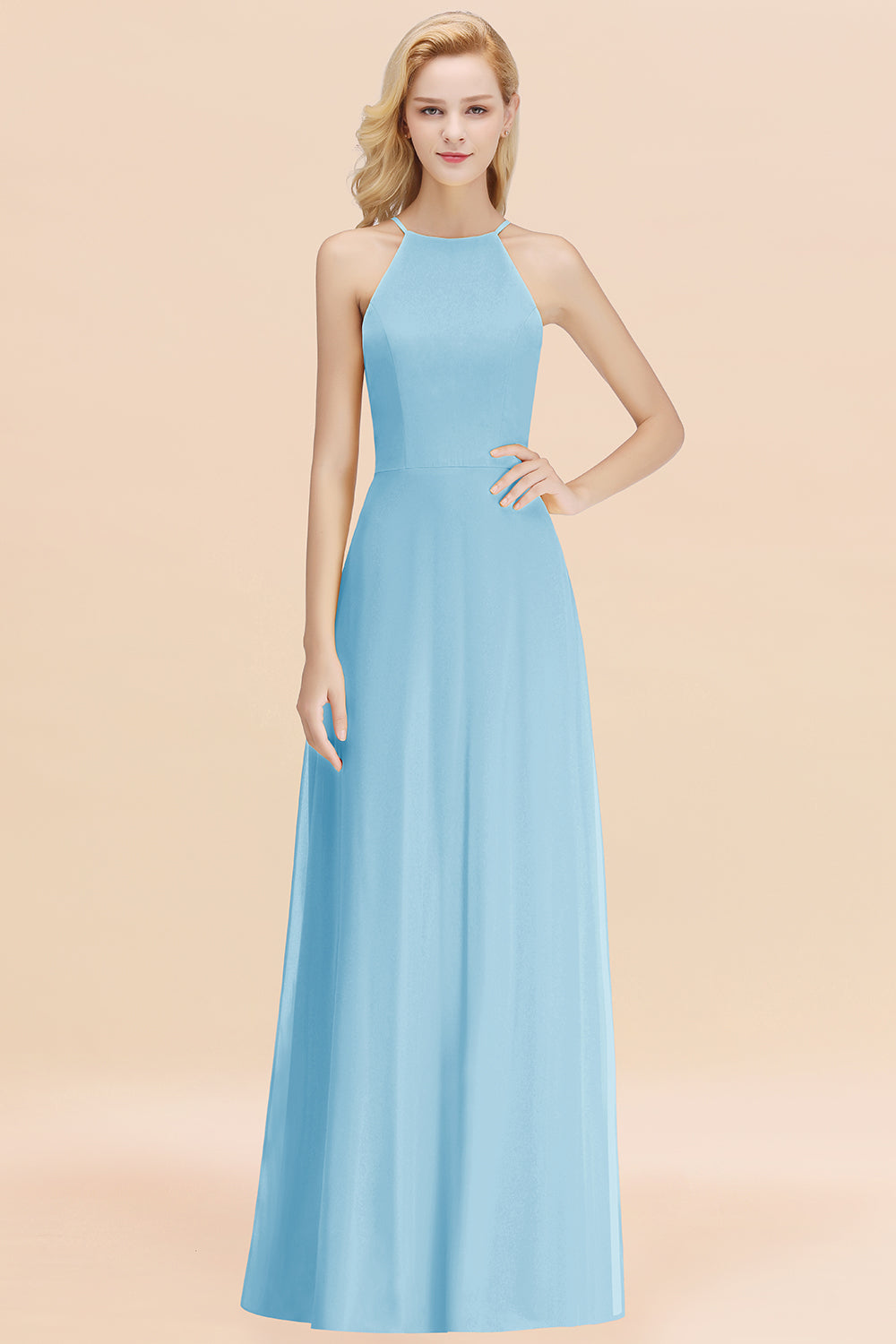 Elegant Long A-line Halter Chiffon Sky Blue Bridesmaid Dress