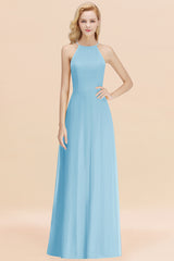 Elegant Long A-line Halter Chiffon Sky Blue Bridesmaid Dress