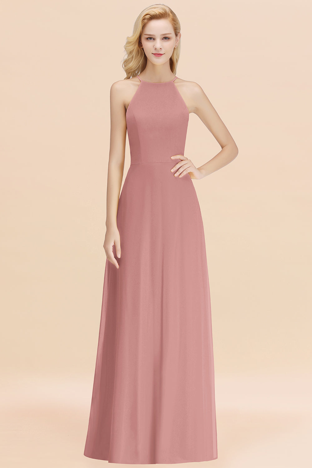 Elegant Long A-line Halter Chiffon Vintagemauve Bridesmaid Dress