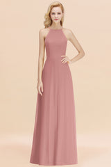 Elegant Long A-line Halter Chiffon Vintagemauve Bridesmaid Dress