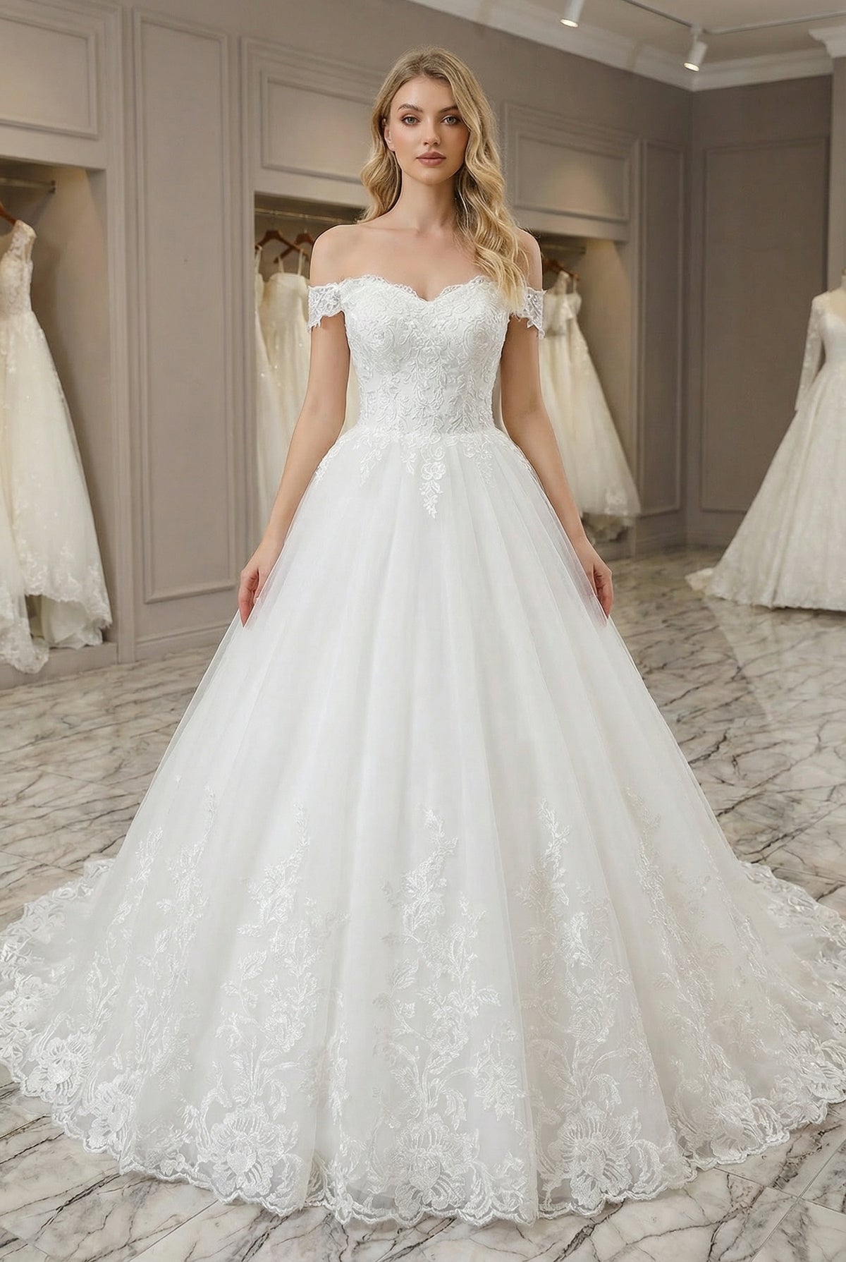 Elegant Long A-line Off the Shoulder Tulle Appliques Lace Wedding Dresses