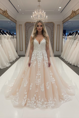 Elegant Long A-line V-neck Tulle Lace Backless Wedding Dresses