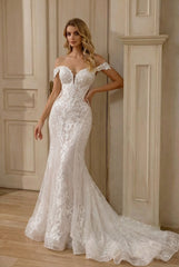 Elegant Long Mermaid Off the Shoulder Lace Wedding Dress